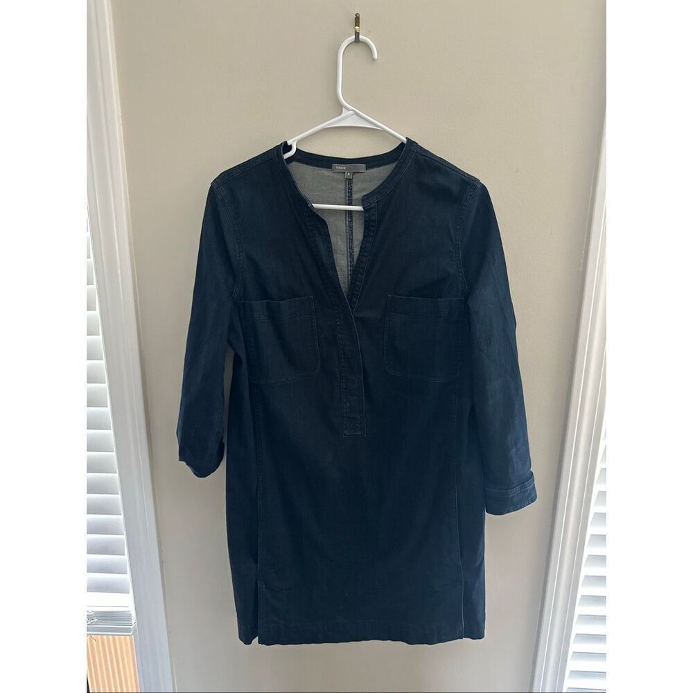 Vince Chambray 3/4 Sleeve V-neck Popover Shirt Dress Navy Size 6